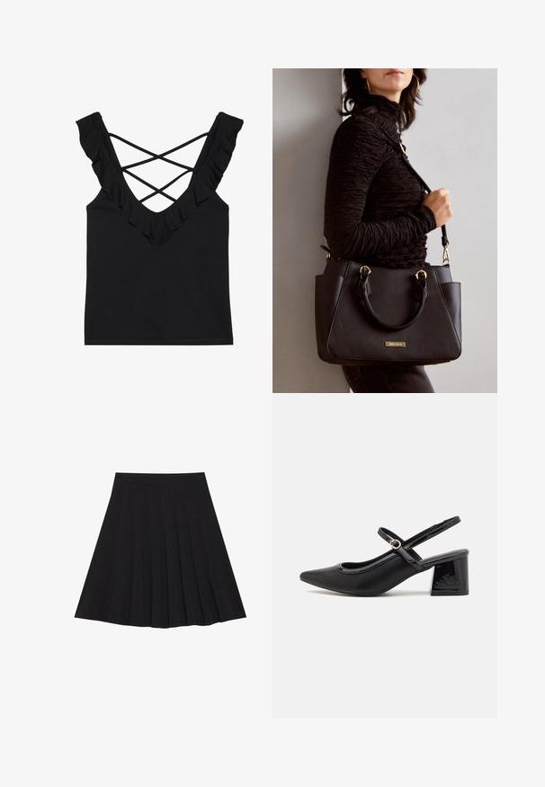 Schwarzes Tanktop mit V-Ausschnitt, Rüschenträgern und gekreuztem Rücken. Hergestellt aus einem weichen, dehnbaren Stoff.; Schwarzer, plissierter Rock aus strukturiertem Stoff mit einem taillierten Bund. Fällt knielang und hat eine glatte, klare Silhouette.; Schwarze Lackleder-Slingback-Absätze mit spitzer Zehenform, einem runden Ausschnitt-Design und einem Blockabsatz. Mit einem goldfarbenen Schnallenakzent.; Schwarze Handtasche mit strukturierten Oberflächen, doppelten Obergriffen und verstellbarem Schultergurt. Mit goldfarbener Hardware und Seitentaschen.
