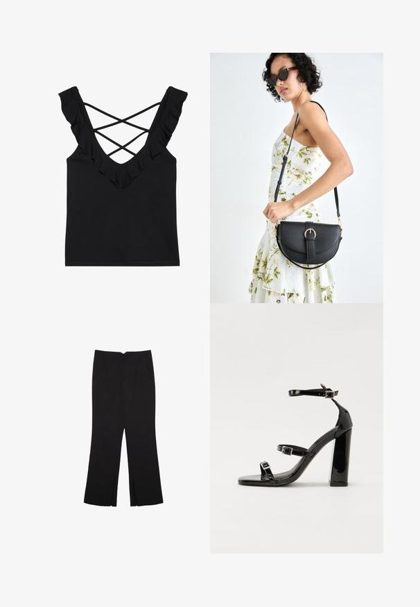 Črna majica na brezrokavnik z V-izrezom, nabrano naramnicami in križanjem zadaj. Narejena iz mehkega, raztegljivega materiala.; Črne hlače ravnega kroja z naglavnimi žepi in stranskimi razporki na robu. Narejene iz mehke, gladke tkanine. Primerne za različne priložnosti.; Črne lakirane sandale s peto, kvadratnim prstom, trakovi okrog gležnja in srebrnimi zaponkami. Opremljene so s stabilno Debelo peto.; Črna usnjena torbica s ukrivljeno obliko, z odstranljivo naramnico in zlatimi dodatki. Torbica ima pokrov s podrobnostmi v obliki zaponke.