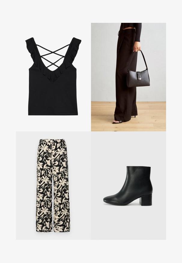 Top nero senza maniche con scollatura a V, spalline arricciate e schiena incrociata. Realizzato in un tessuto morbido ed elastico.; Pantaloni larghi neri con un motivo floreale crema. Realizzati in tessuto leggero, con una texture liscia e una vita alta.; Stivali neri in pelle fino alla caviglia con punta appuntita e tacco spesso. Texture liscia con minimi dettagli e un design elegante e aderente.; Borsa nera con forma strutturata, texture liscia e una chiusura metallica. Abbinata a pantaloni neri larghi e sandali open-toe su un pavimento in legno.