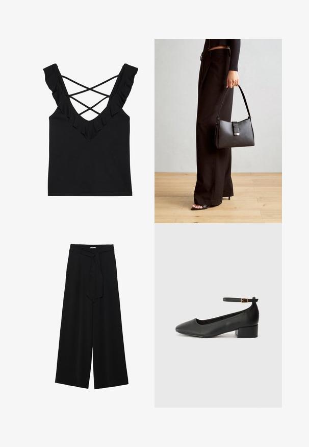 Schwarzes Tanktop mit V-Ausschnitt, Rüschenträgern und gekreuztem Rücken. Hergestellt aus einem weichen, dehnbaren Stoff.; Schwarze weite Hosen aus strukturiertem Stoff, mit elastischem Bund und einem abnehmbaren Bindegürtel in der Taille für eine verstellbare Passform.; Schwarze Lederpumps mit spitzem Zehenbereich und niedrigem Blockabsatz. Mit einem Knöchelriemen und einer goldfarbenen Schnalle. Glatte Textur.; Schwarze Handtasche mit strukturierter Form, glatter Textur und einem metallischen Verschluss. Kombiniert mit weiten schwarzen Hosen und offenen Sandalen auf einem Holzboden.