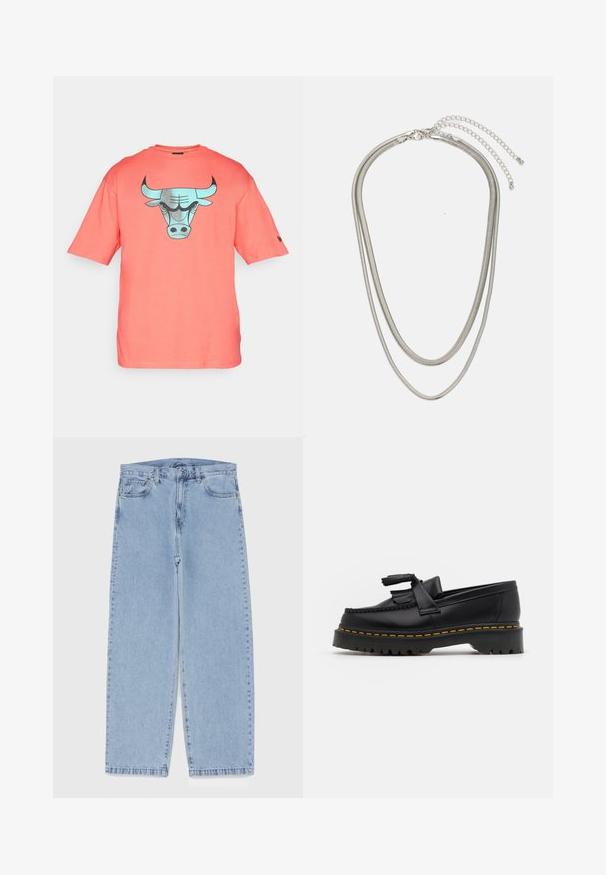 Koralna kratka majica s kratkimi rokavi, izdelana iz bombaža, z grafiko bika v turkizni barvi na sprednji strani. Redna prileganje z okroglim izrezom.; Svijetloplave traperice s ravnim nogavicama, srednjeg struka, pet džepova te zatvaranjem na gumb i munju.; Črne usnjene loafersice s kaširanim naglasom, z debelim črnim podplatom in rumenim šivom ob robu. Teksturirana površina.; Tri-slojni srebrni kovinski ogrlica z elegantnimi, fleksibilnimi verigami z rahlim leskom, varovana z zaponko s katero se zaključi in nastavljivo verigo.