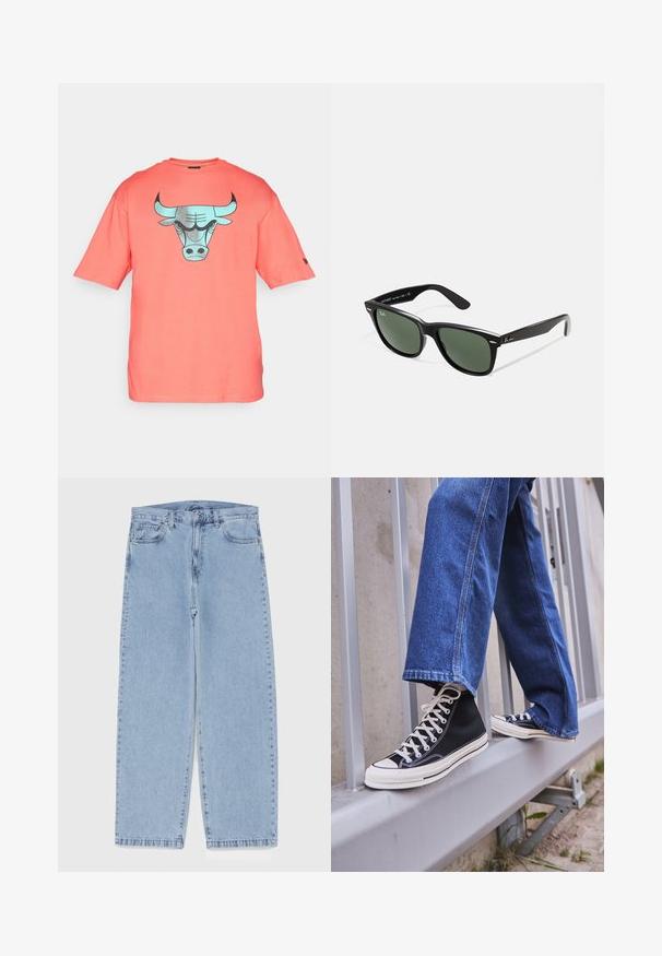 Koral kortermet t-skjorte laget av bomull, med et turkis okse-grafikk på fronten. Vanlig passform med rund hals.; Lyseblå denimjeans med rett ben-design, med mid-rise liv, fem lommer og knap og lynlås lukning.; Svarte høy-hælte joggesko med hvit såle og snøring, paired med løse blå denim-jeans, hvilende på et grått rekkverk.; Sorte plast-solbriller med grønne linser, firkantede rammer, sølvdetalje på brynene, og teksturerte stangarmen. Angitt merke på indre arm.