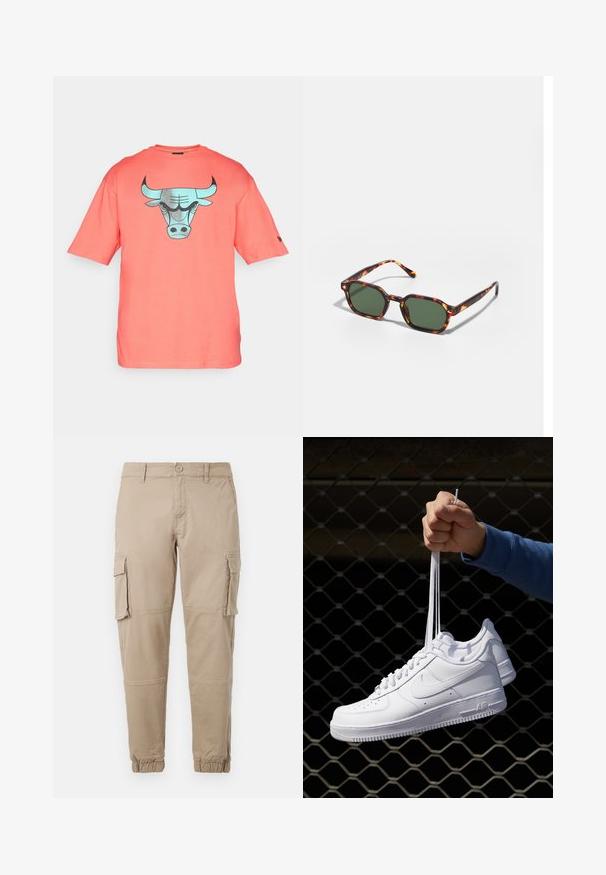 T-shirt de algodão cor-de-corais com mangas curtas, apresentando um gráfico de touro turquesa na parte da frente. Corte regular com decote redondo.; Calças cargo bege em um material de algodão leve. Apresenta punhos elásticos, múltiplos bolsos laterais e um fecho de botão.; Sapatilhas de couro branco com perfurações, biqueira redonda, sola plana e atacadores grossos, apresentando um logotipo swoosh visível e "AIR" no calcanhar.; Óculos de sol em padrão tartaruga com lentes verdes, apresentando uma forma octogonal e hastes curvas e finas. O material tem um acabamento brilhante.
