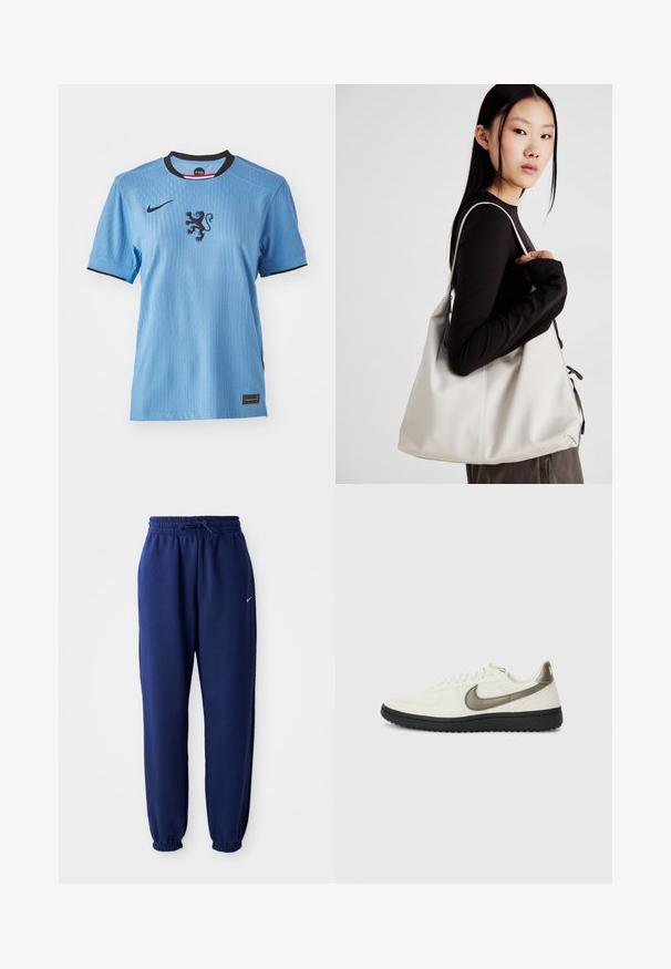 Svetlo modra Nike majica s kratkimi rokavi, črn ovratnik in grafika leva na sredini. Tekstilirana tkanina z rahlimi rebrastimi detajli.; Temno modri trenirka hlače iz mehkega blaga, z elastičnim pasom in vrvico, elastičnimi manšeti ter majhnim belim logotipom.; Nike Sportswear FIELD GENERAL - Športni copati - off-white/black; Bežna torbica iz mehkega materiala, z ohlapno zasnovo, šivi in dvema naramnicama. Primerna za vsakodnevno uporabo.
