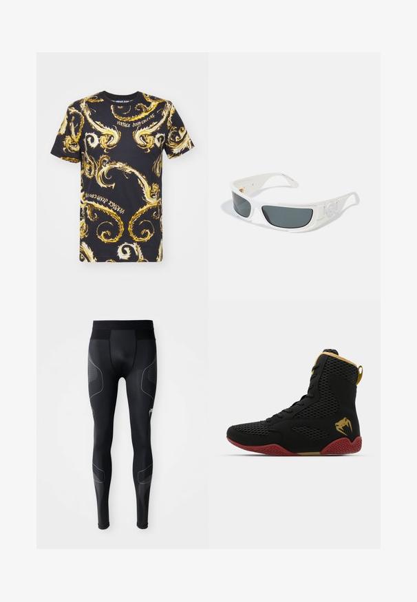 Versace Jeans Couture CHROMO - Marškinėliai su spaudiniu - black/gold; Juodos atletinės tamprės, pagamintos iš elastingos medžiagos, su plačiu juosmeniu, tinklinėmis detalėmis ir atspindinčiomis juostelėmis šonuose.; Juodos tinklelio ir sintetinės medžiagos aukštakulniai sportiniai bateliai su tekstūruotomis detalėmis, raudonu guminio pado ir auksinėmis akcentais ant kulkšnies.; Baltos saulės akinių rėmeliai su pilkais lęšiais, stačiakampio formos, su tekstūruotais akcentais šonuose. Papuošti auksiniais detalėmis.