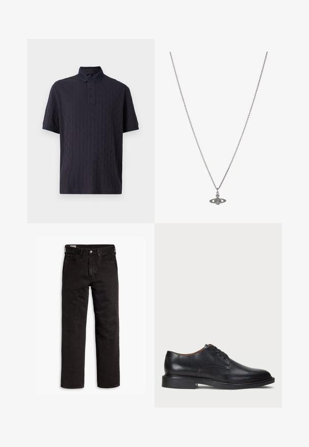 Navy blue short-sleeve polo shirt with a textured pattern, featuring a button placket and contrasting collar. Soft fabric, relaxed fit.; Black straight-leg denim jeans with five pockets, button closure, and belt loops, laid flat on a white background.; Black leather dress shoe with a round toe, lace-up design, and a low stacked heel. Smooth texture with minimal stitching details.; Silver chain necklace featuring a detailed pendant in the shape of a planet, adorned with small accents and intricate patterns.