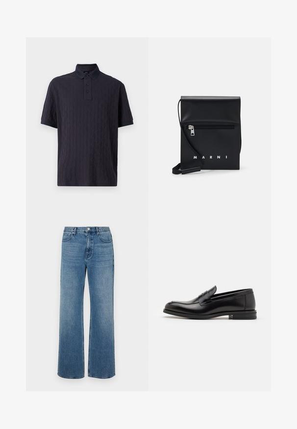 Tengerészkék, rövid ujjú polo póló texturált mintával, gombos kivágással és kontrasztos gallérral. Puha anyag, laza szabás.; Széles lábú, koptatott kék farmernadrág. Öt zsebből, elülső gombos záródásból és egyenes szabásból áll.; Fekete bőr loaferek sima textúrával, kerek orral és dekoratív pánttal a vampnál. Alacsony, rétegelt sarkú, minimalista dizájn.; Fekete bőr keresztpántos táska cipzáras elülső zsebbel, dombornyomott logóval és állítható pánttal. Simább textúra, amelynek strukturált alakja van.