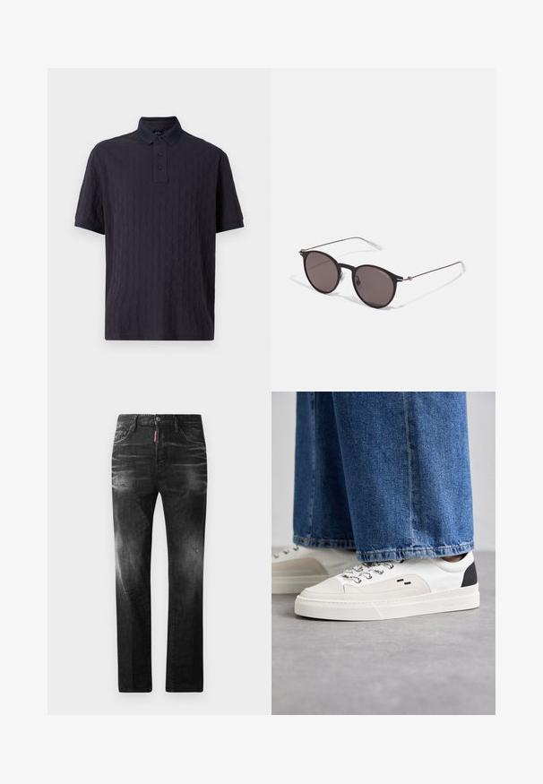 Marineblaues Poloshirt mit kurzen Ärmeln und strukturiertem Muster, ausgestattet mit einer Knopfleiste und einem kontrastierenden Kragen. Weicher Stoff, lockere Passform.; Schwarze Jeans aus Denim mit geradem Schnitt. Verfügt über ausgebleichte Bereiche, leichte Abnutzung, klassisches Fünf-Taschen-Design und einen Knopfverschluss.; Weiße und schwarze Sneaker mit einem Obermaterial aus glattem Leder, strukturierten Akzenten und einer massiven weißen Sohle. Verfügt über ein klassisches Schnürdesign.; Schwarze runde Sonnenbrille mit dunklen Gläsern und schlanken Metallbügeln. Enthält klare Tempelspitzen und silberne Akzente am Scharnier. Minimalistisches Design.