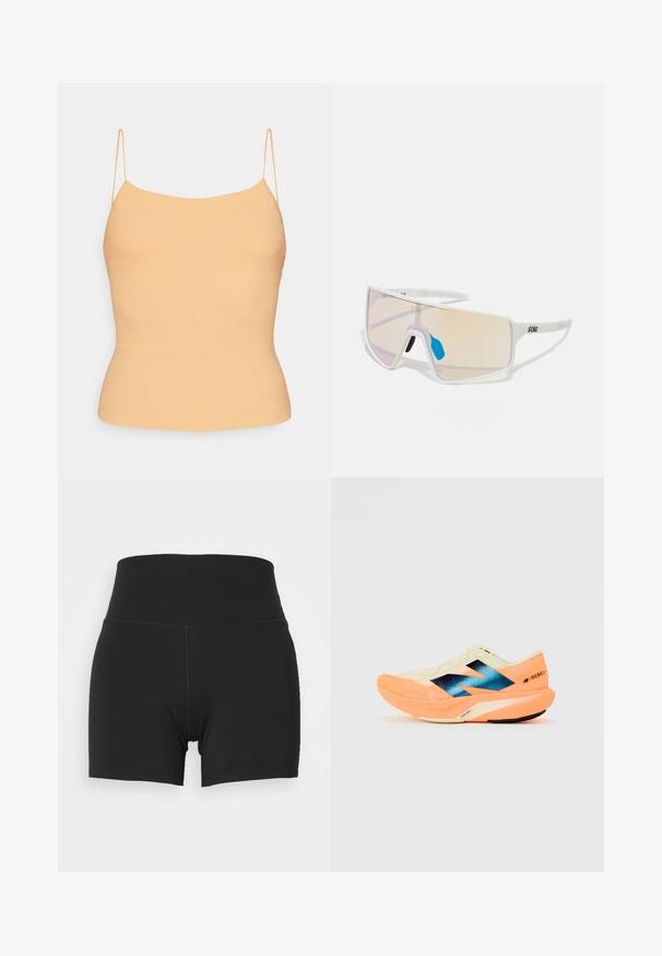 ferskenfarget camiset med tynne justerbare spaghettistropper. Slim fit, glatt tekstur og et enkelt design med en lett buet kant.; Sorte sportslige shorts med høy elastisk midje, laget av glatt og elastisk stoff. Har en tettsittende design og minimale sømdetaljer.; Løpesko med en lett kremfarget overdel, blå merkevare og oransje detaljer på sålen. Nettverksstruktur for pusteevne.; Hvitinnrammede solbriller med store gradientlinser som har en rosa til lys oransje nyanse, aksentuert av en blå nesebro og logodetalj.