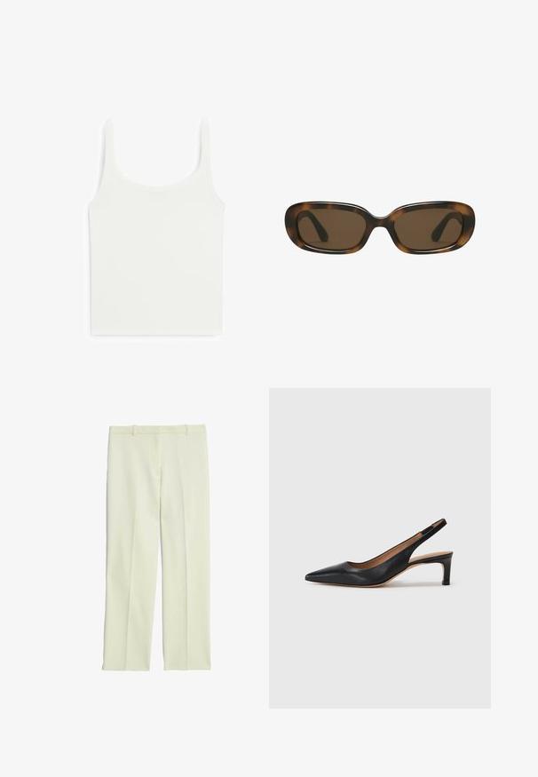 Weißes, enganliegendes Tanktop mit breiten Trägern, aus glattem, dehnbarem Stoff. Verfügt über einen runden Halsausschnitt und ein schlichtes, sauberes Design.; Cremefarbene, maßgeschneiderte Hosen mit geradem Schnitt, flachem Front, Gürtelschlaufen und glatter Oberfläche.; Schwarze Leder-Slingback-Pumps mit spitzer Zehenform, niedrigem Absatz und glatter Textur. Verfügt über einen dünnen, verstellbaren Riemen für einen sicheren Sitz.; Sonnenbrille im Schildpatt-Look mit einem glatten, abgerundeten rechteckigen Rahmen und braunen Gläsern. Ausgestattet mit dünnen, gebogenen Bügeln mit glänzender Oberfläche.; Tommy Hilfiger CASUAL SHOULDER BAG - Handtasche - coastal taupe