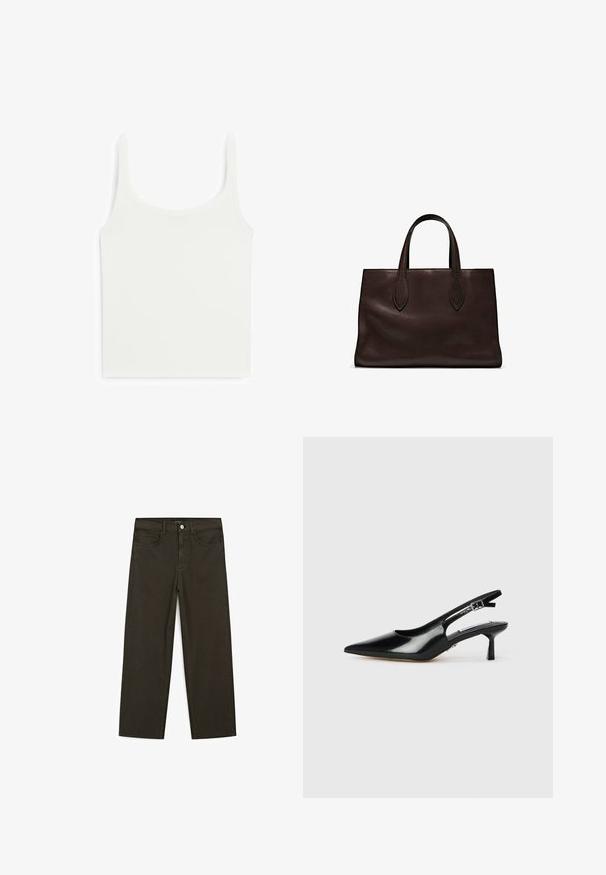 Top aderente bianco con spalline larghe, realizzato in tessuto liscio e elastico. Presenta un collo rotondo e un design semplice e pulito.; Jeans a gamba larga di colore verde scuro, realizzati in tessuto misto cotone, dotati di chiusura con bottone frontale, cinque tasche e cuciture classiche in denim.; Decolleté in vernice nera con punta affusolata, tacco sottile e cinturino regolabile. Texture liscia con dettagli minimi.; Borsa a spalla in pelle marrone con due manici lunghi, forma rettangolare strutturata, texture liscia e dettagli di cucitura sottili.