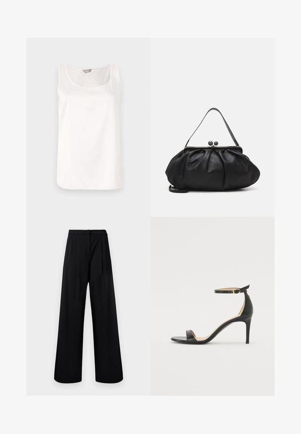 Balta be rankovių palaidinė su apvalia iškirpte, pagaminta iš lygios, blizgančios medžiagos; paprastas dizainas be raštų ar puošmenų.; Juodos plačios kelnės, pagamintos iš lygaus audinio, turinčios aukštą liemenį ir raukšlių detalių. Nėra matomų papuošimų ar raštų.; Juodos oda aukštakulniai sandalai su kulkšnies dirželiu. Pasižymi lygiu paviršiumi, atviru pirštu ir plonu kulnu. Auksinės spalvos sagties detalė.; Juodas odinis rankinė su apvalia, raukšlėtą dizainą. Priedai metalinė užsegimas su dviem dekoratyvinėmis kamuoliukais ir plona, nuimama pakaba.