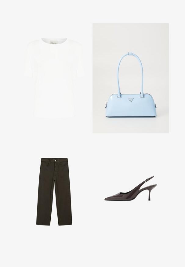 Bílé tričko s krátkým rukávem vyrobené z měkké bavlny, s kulatým výstřihem a volným střihem, bez viditelných vzorů nebo akcentů.; Tmavě zelené široké džínsy vyrobené z bavlněné směsi, s předním zapínáním na knoflík, pěti kapsami a klasickým denimovým stehem.; Slaměné lodičky s špičatou špičkou v tmavě hnědé lakované kůži, s úzkým vysokým podpatkem a nastavitelním zápěstním páskem se sponou.; Světle modrá kabelka se strukturovaným tvarem, hladkou koženou texturou, dvěma uchy a trojúhelníkovým logem značky na přední straně. Uzavření na zip.