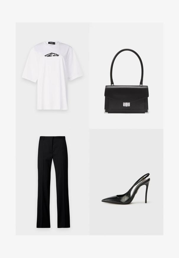 White cotton t-shirt featuring a crew neck, short sleeves, and a black "ICON" logo printed across the chest. Smooth texture.; Black straight-leg trousers in smooth fabric, featuring a flat front, belt loops, and no visible pockets or embellishments.; Black slingback pump with a pointed toe, textured snake pattern, stiletto heel, and a decorative buckle on the strap.; Black leather handbag with a structured design, a top handle, and a silver clasp. Features corner accents and smooth texture.