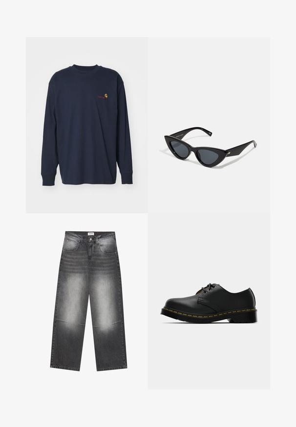 Carhartt WIP AMERICAN SCRIPT - Tops ar garām piedurknēm - air force blue; Plati melni džinsi ar izbalējušu pelēku apdari, ar priekšējām kabatām, pogu aizdari un nelielu nodilumu uz ceļiem.; Melnas ādas kurpes ar noapaļotu purngalu, sasaistes dizainu, dzelteniem šuvumiem gar zoli un masīvu melnu gumijas zoli, kas nodrošina saķeri.; Kaķu acs saulesbrilles ar spīdīgu melnu plastmasas rāmīti, tumšiem stikliem un zelta akcentiem uz tempļiem. Leņķaina forma ar gludām līnijām.