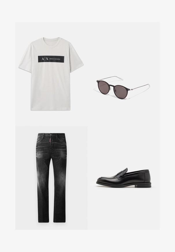 Light gray short-sleeved t-shirt made of cotton. It features a black rectangular graphic with "A/X" and "ARMANI EXCHANGE" text in white.; Black denim jeans with a straight fit. Features faded areas, minor distressing, classic five-pocket design, and a button closure.; Black leather loafers with a smooth texture, rounded toe, and a decorative strap across the vamp. Low stacked heel, minimalist design.; Black round sunglasses with dark lenses and slim metal arms. Includes clear temple tips and silver accents at the hinge. Minimalist design.