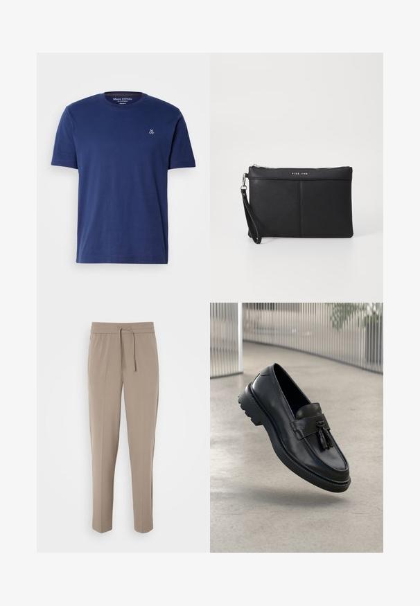 Navy blue cotton t-shirt with short sleeves, crew neck, and small embroidered logo on the chest, featuring a regular fit.; Light beige trousers with an elastic waistband, adjustable drawstring, and tapered legs. Fabric appears smooth with a slight sheen.; Black leather loafers with a smooth finish, decorative tassel, thick rubber sole, and stitched accents. Lightweight and sleek design.; Black synthetic clutch with a zip closure, wrist strap, and a smooth texture. Features subtle stitching and a logo embossed on the front.