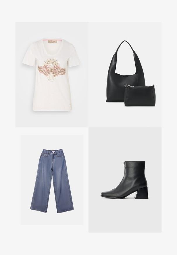 Biela tričko s krátkym rukávom s okrúhlym výstrihom, zdobený dizajn so slnkom a krídlami v ružových a metalických odtieňoch, vyrobené z jemnej látky.; Džínsy s širokými nohavicami v svetlomodrom umývaní, s vysokým pásom, prednými vreckami a zapínaním na gombík s pútkami na opasok.; Čierna kožená členková obuv so štvrcovým špičkou, bočným zipsom a blokovým podpätkom na jednoduchom svetlom pozadí.; Even&Odd Kabelka - black