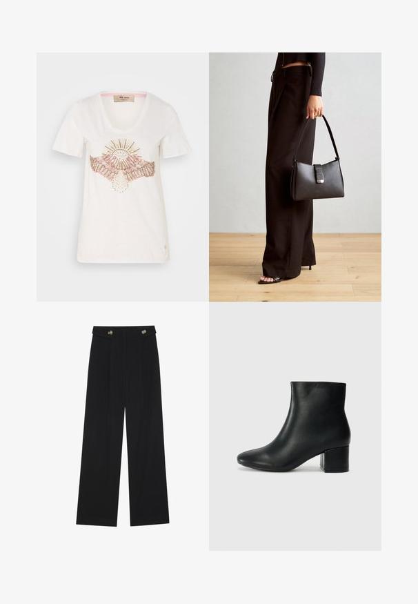 Hvit t-skjorte med korte ermer, rund hals, prydet med et design av en sol og vinger i rosa og metalliske detaljer, laget av myk stoff.; Svart vide bukser med høy midje, knappdetaljer på midjebåndet og frontplisser.; Sorte skinn ankelsko med spiss tå og chunky hæl. Glatt tekstur med minimale detaljer og et elegant, tettsittende design.; Svart håndveske med strukturert form, jevn tekstur og metallisk lås. Kombinert med brede svarte bukser og sandaler med åpen tå på tregulv.