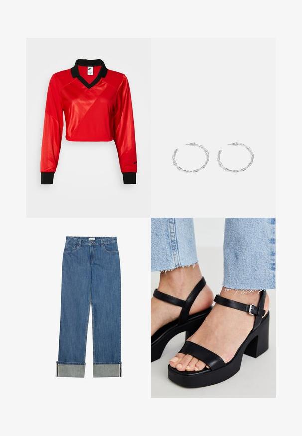 Červený skrátený športový top s čiernym golierom, dlhými rukávmi, s textúrovaným vzorom a logom Nike na rukáve. Hladká a lesklá látka.; Modré denimové džínsy so strihom rovného nohavice, s dvoma prednými vreckami, gombíkovým zapínaním a zohnutými manžetami, ktoré ukazujú svetlejší denim zvnútra.; ALDO CELIE - Sandále na vysokom opätku - black; Strieborné kruhové náušnice s prúteným dizajnom, s lešteným povrchom a zapínaním na kolíček. Majú priemer približne 3 cm.