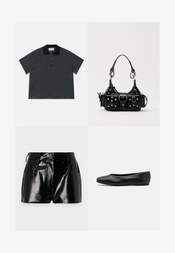 Černé polo tričko s krátkým rukávem, tenké bílé horizontální pruhy a tři přední knoflíky, s černým límcem a látkovou štítkem uvnitř límce.; Černé lesklé kraťasy vyrobené z umělého materiálu. Obsahují přiléhavý pas, poutka na opasek a přední kapsy s výraznými švy.; Paul Smith TOPANGA - Klasické baleríny - black; Černá kožená kabelka s křivkovým designem, zdobená stříbrnými hřebíky, s přezkou a dvěma bočními kapsami. Nastavitelný popruh pro různé možnosti nošení.