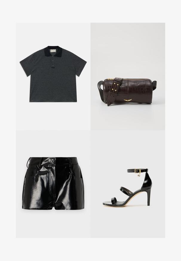 Juodas trumpas rankovėmis polo marškinėliai su plonomis baltomis horizontalinėmis juostelėmis ir trimis priekiniais mygtukais, turintys juodą apykaklę ir audinio etiketę viduje kaklo.; Juodos, blizgios šortai, pagaminti iš sintetinės medžiagos. Turi prigludusią liemenį, diržo kilpas ir priekines kišenes su ryškiomis siuvimo detalėmis.; Juodas patentuotas odinis sandalai su trimis diržais, kulkšnies sagtimi ir 4 colių stiletto kulnu. Yra aukso detalės ir logotipo žavesys.; Ruda krokodilo odspaudo odinė rankinė cilindro formos, su auksinėmis detalėmis ir nuimamu dirželiu, papuoštu studelėmis.