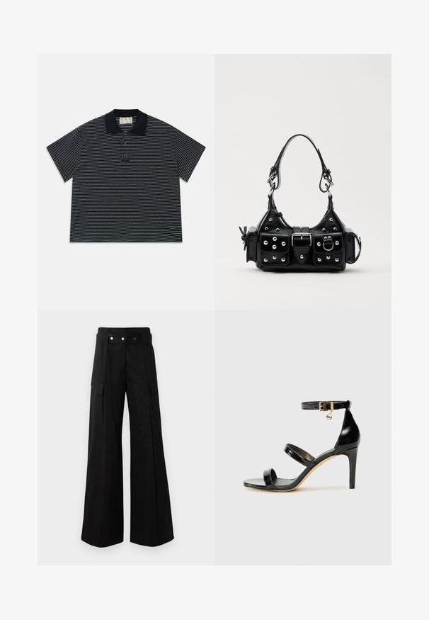 Czarna koszulka polo z krótkim rękawem, z cienkimi białymi poziomymi paskami i trzema guzikami z przodu, z czarnym kołnierzykiem oraz metką wewnątrz dekoltu.; Czarne szerokie spodnie z wysokim stanem, z dużymi bocznymi kieszeniami, dwoma guzikami z przodu i detalem w kształcie pętli. Wykonane z mocnej tkaniny.; Czarne lakierowane sandały na paski z trzema paskami, zapięciem na kostce i 10-centymetrowym obcasem w szpilce. Zawierają złote detale oraz zawieszkę z logo.; Czarna skórzana torebka w zakrzywionym kształcie, z srebrnymi ćwiekami, klamrą i dwoma bocznymi kieszeniami. Regulowany pasek umożliwiający różne opcje noszenia.