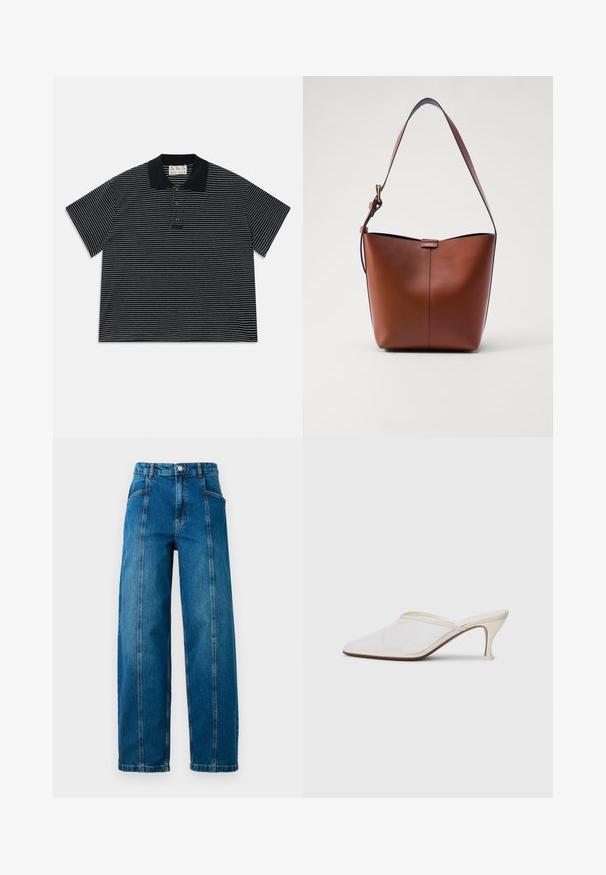Schwarzes Poloshirt mit kurzen Ärmeln, dünnen weißen horizontalen Streifen und drei vorderen Knöpfen, ausgestattet mit einem schwarzen Kragen und einem Stoffetikett im Nacken.; Hochtaillierte blaue Jeans aus Denim mit weit geschnittenen Beinen, vertikalen Nähten vorne, Seitentaschen, Gürtelschlaufen und einem Knopfverschluss.; Weiße Mesh-Pantoletten mit spitzer Zehenform, schlankem Mittelabsatz und Slip-On-Design vor einem schlichten Hintergrund.; Braune Leder-Schultertasche mit geschwungener Form, glatter Textur und einem einzelnen dünnen Trageriemen. Verfügt über eine dezente Naht und ein kleines Logodetail.