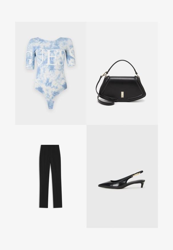 Blue tie-dye bodysuit featuring short sleeves and a scoop neckline. Large white "GUESS" logo on the front, with a high-cut bottom.; Black tailored trousers with a straight-leg design, featuring front pockets and a smooth, textured fabric. Neat, minimal detailing.; Black leather slingback heels with a pointed toe, featuring a slim heel and a gold-tone accent on the adjustable strap. Smooth texture.; Black leather handbag with a structured design, featuring a cropped shape, top handle, and gold hardware accent. Adjustable shoulder strap included.