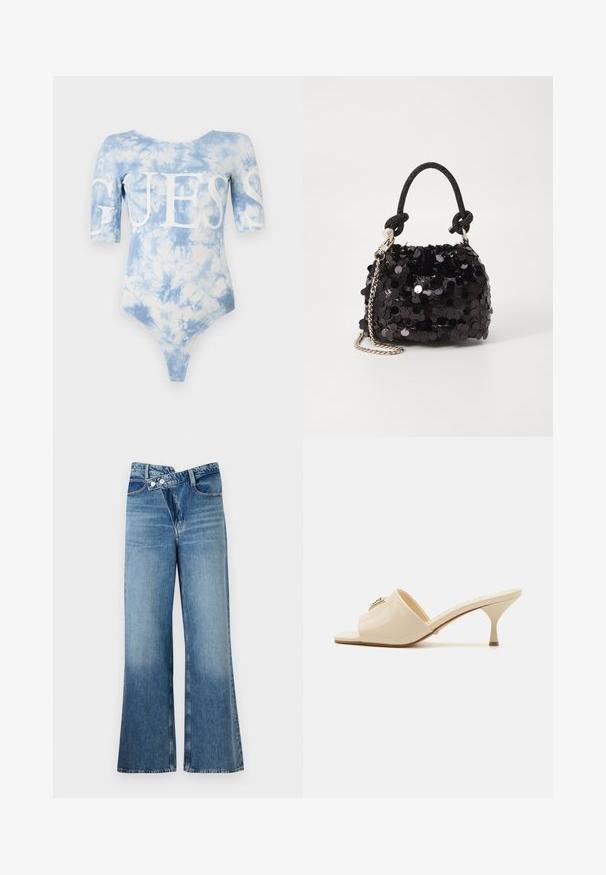 Mėlynas tamsiai mėlynai ir balta dažytas bodžio kostiumas su trumpomis rankovėmis ir apvalia iškirpte. Didelis baltas "GUESS" logotipas priekyje, su aukštu iškirpimu.; Šviesiai mėlynos džinsinės kelnes platėjančios apačios, aukštu liemeniu, su dviem saga ir priekinių kišenių detalėmis. Medžiaga turi išblukusį tekstūrą su subtiliais skirtumais.; Smėlio spalvos patentuotas odinis atviras mules tipo sandalai su žemu stiletto kulnu. Zentralinis dekoratyvinis akcentas priekyje. Lygi, blizgi apdaila.; Juodas blizgučių mini rankinukas su mazguotu tekstūruotu dirželiu ir sidabro grandine. Suapvalinta forma su susiraukšlėtopu ir atspindinčiomis detalėmis.