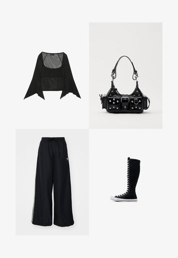 Juoda tinklinė palaidinė su kvadratiniu iškirpimu, surinkta priekinė detalė ir plačios varpo formos rankovės. Lengvas ir permatomas audinys visame gaminyje.; Juodi plačios kojos keliai, pagaminti iš lengvos medžiagos. Yra elastinė juosmens juosta su raišteliu ir baltomis šoninėmis juostelėmis. Prekės ženklo logotipas ant klubų.; Juodos aukštos sportinės bateliai su aukštu dizainu, pagaminti iš kanvo. Su baltais raišteliais, siūlėmis ir guminėmis padais su pirštų kepurėle.; Juodas odinis rankinukas su kreiviu dizainu, su sidabro spalvos knopkėmis, užsegimu ir dviem šoninėmis kišenėmis. Reguliuojama dirželis nešimui.