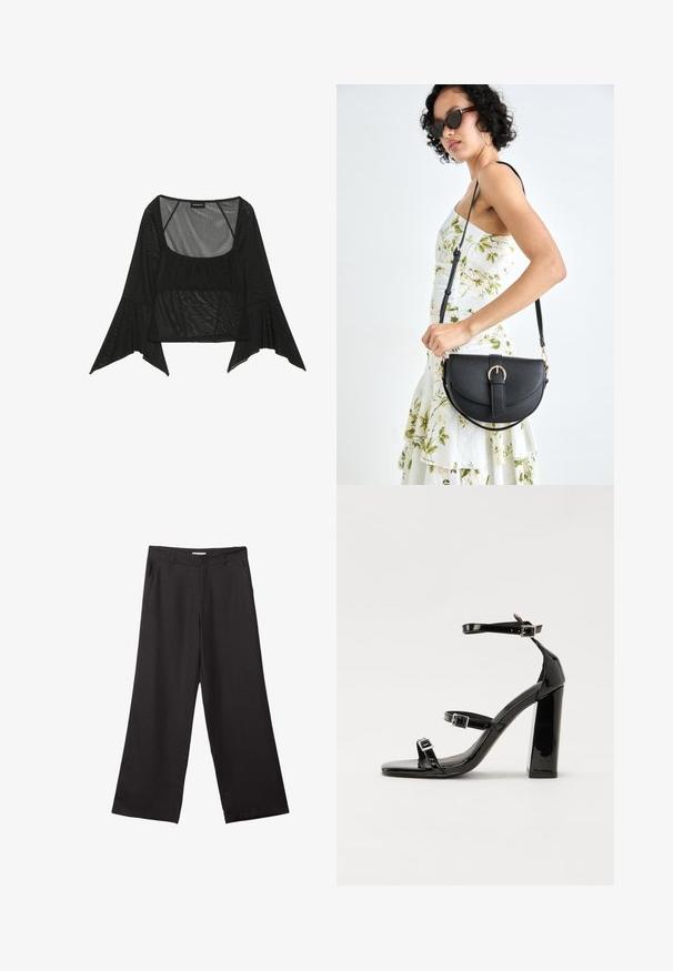 Schwarze Netzbluse mit quadratischem Ausschnitt, gerafftem Vorderteil und weiten Glockenärmel. Leicht und transparent im gesamten Material.; Schwarze weite Hosen aus glattem Stoff, mit einem Reißverschluss vorne und zwei seitlichen Taschen, maßgeschneiderter Passform und minimalistischem Design.; Schwarze patentierte Sandalen mit Absatz, quadratischer Spitze, Knöchelriemen und silbernen Schnallen. Mit einem stabilen Blockabsatz für mehr Stabilität.; Schwarze Lederhandtasche mit geschwungener Form, abnehmbarem Tragegurt und goldenen Beschlägen. Die Tasche verfügt über einen Deckel mit einer Schnallen-Details.