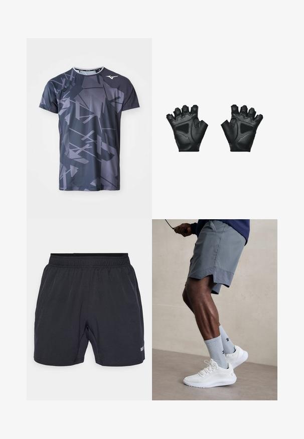 Sport t-shirt made of lightweight fabric, featuring a dark gray base with abstract light gray geometric patterns and a round neck design.; Black shorts with an elastic waistband, made from smooth, lightweight fabric, featuring a small logo on the lower right side.; White athletic shoes with textured mesh upper, paired with light blue ribbed socks featuring a logo. Grey athletic shorts with perforated trim.; Black fingerless gloves made of textured leather with padded accents and reinforced stitching. Open fingers for improved grip and dexterity.