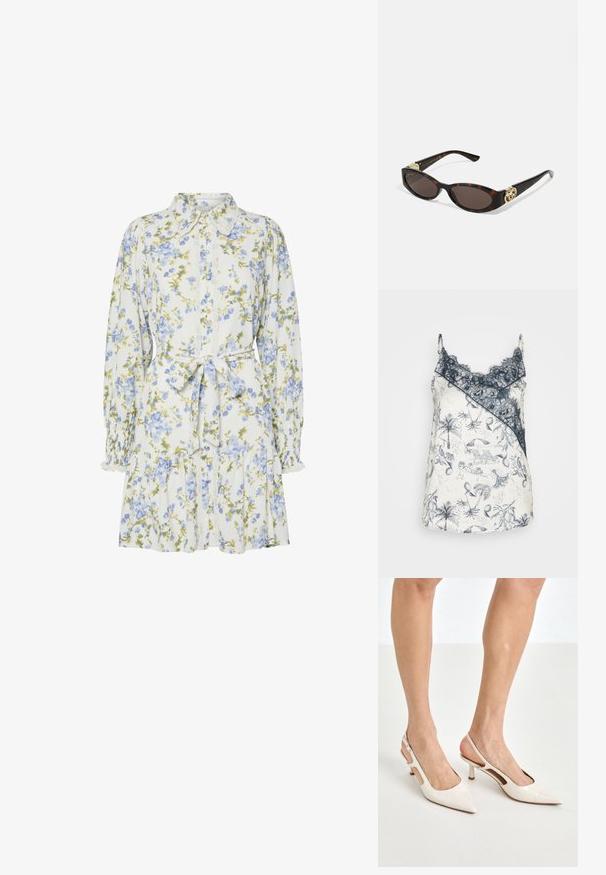 Satenowa koszulka na ramiączkach z granatową koronką, z białym tłem ozdobionym misternymi, niebieskimi wzorami tropikalnymi, w tym palmami i elementami plażowymi.; Kwiatowa sukienka w bieli z niebieskimi i zielonymi kwiatami, z kołnierzykiem, zapinana na guziki z przodu, z długimi rękawami z elastycznymi mankietami i paskiem w talii.; Beżowe lakierowane szpilki z odkrytą piętą, zakończone spiczastym noskiem i 5 cm obcasem, z wyciętymi bokami oraz cienkim paskiem na kostce.; Słoneczne okulary w kolorze żółwi z wydłużonymi owalnymi soczewkami, brązowym odcieniem, złotymi akcentami logo na zausznikach oraz smukłymi czarnymi ramionami.; Beżowa torebka w wzory o zakrzywionym kształcie, z skórzanymi akcentami i złotym logo z przodu. Posiada krótki uchwyt, co ułatwia noszenie.; Naszyjnik z pereł i kryształów o okrągłym, koralikowym wzorze w jasnych odcieniach, z naprzemiennie umieszczonymi perłami i błyszczącymi akcentami, noszony na szyi.
