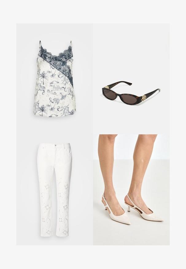 Satenowa koszulka na ramiączkach z granatową koronką, z białym tłem ozdobionym misternymi, niebieskimi wzorami tropikalnymi, w tym palmami i elementami plażowymi.; Białe bawełniane spodnie z haftem kwiatowym na nogawkach, w prostym kroju i z zapięciem na guzik w pasie.; Beżowe lakierowane szpilki z odkrytą piętą, zakończone spiczastym noskiem i 5 cm obcasem, z wyciętymi bokami oraz cienkim paskiem na kostce.; Słoneczne okulary w kolorze żółwi z wydłużonymi owalnymi soczewkami, brązowym odcieniem, złotymi akcentami logo na zausznikach oraz smukłymi czarnymi ramionami.; Beżowa torebka w wzory o zakrzywionym kształcie, z skórzanymi akcentami i złotym logo z przodu. Posiada krótki uchwyt, co ułatwia noszenie.; Złote kolczyki metalowe o skręconym wzorze z gładką, błyszczącą powierzchnią i zaokrąglonymi kształtami. Każdy z nich ma około 2 cali.