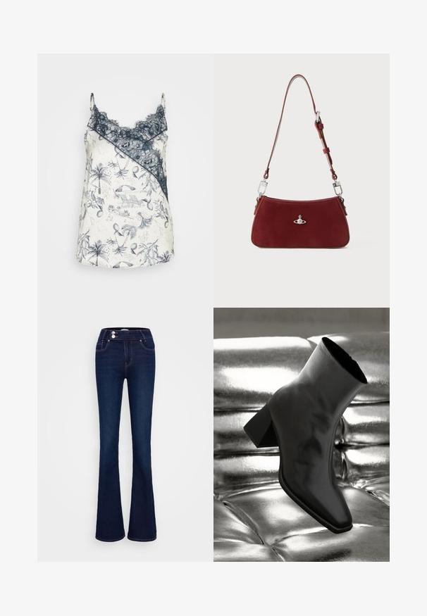 Satin cami met marineblauwe kantafwerking, met een witte basis versierd met ingewikkelde blauwe tropische patronen, waaronder palmbomen en strand-elementen.; Donkerblauwe uitlopende jeans met een hoge taille, twee voorzakken en twee knoopsluitingen. Gemaakt van denim met een zachte textuur.; Zwarte enkellaarsjes van glanzend materiaal met een vierkante neus en taps toelopende hak, afgezet tegen een glanzende zilveren gecapitonneerde achtergrond.; Rode suède schoudertas met een gebogen vorm. Voorzien van een zilverkleurig accent en een verstelbare band met hardware-details. Gladde textuur.