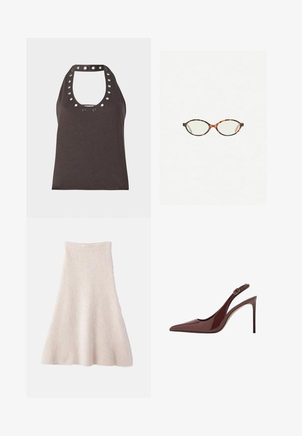 Dark brown sleeveless top with a scoop neckline, featuring silver grommet accents around the collar and a fitted silhouette.; A light beige A-line skirt made of soft, textured fabric, featuring a smooth waistband and a flowing silhouette.; Dark brown patent leather pointed-toe slingback high heel with adjustable buckle strap and slim stiletto heel.; Tortoiseshell eyeglasses with oval lenses and a sleek, smooth finish. Features thin sides with a subtle curve at the temples. Clear lenses.