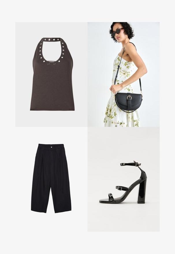 Dunkelbraunes ärmelloses Oberteil mit Rundhalsausschnitt, das mit silbernen Ösenakzenten um den Kragen und einer taillierten Silhouette ausgestattet ist.; Schwarze Polyester-Culotte mit einem elastischen Bund, zwei vorderen Falten und einer lockeren Silhouette. Keine sichtbaren Muster oder Hardware-Details.; Schwarze patentierte Sandalen mit Absatz, quadratischer Spitze, Knöchelriemen und silbernen Schnallen. Mit einem stabilen Blockabsatz für mehr Stabilität.; Schwarze Lederhandtasche mit geschwungener Form, abnehmbarem Tragegurt und goldenen Beschlägen. Die Tasche verfügt über einen Deckel mit einer Schnallen-Details.
