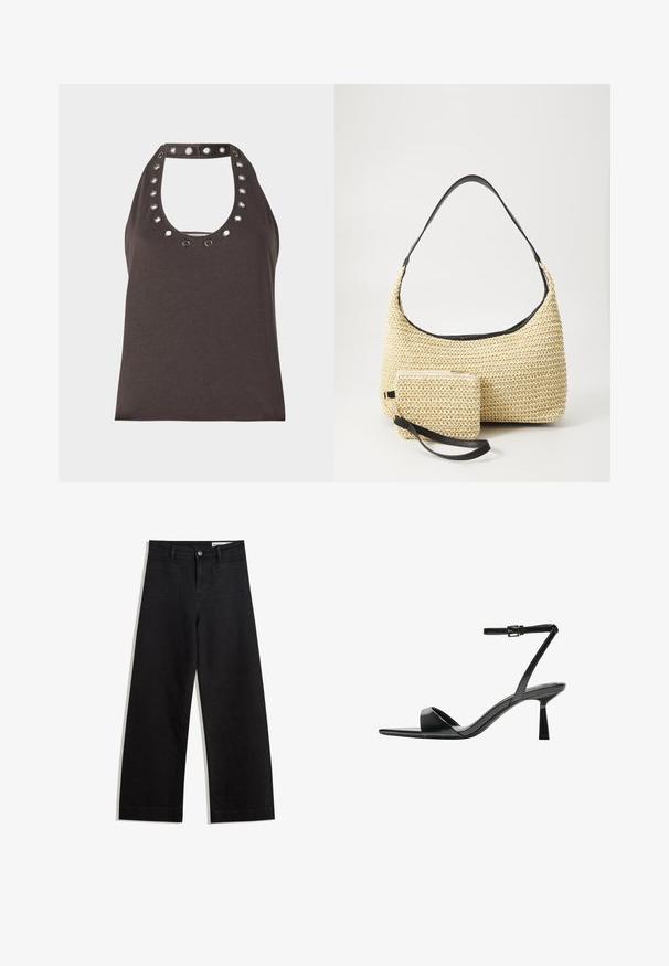 Mørkebrunt ærmeløst top med en rund halsudskæring, med sølvfarvede øjnegaffel accenter omkring kraven og en tætsiddende silhuet.; Sorte wide-leg denim bukser med høj talje, der har front- og baglommer, syede sømme og en knaplukning. Glat tekstur.; Bershka Højhælede sandaletter / Højhælede sandaler - black; Vævet stråhåndtaske med en buet silhuet, der har en glat sort læderrem og en matching lille pung, der er fastgjort med en håndledsrem.