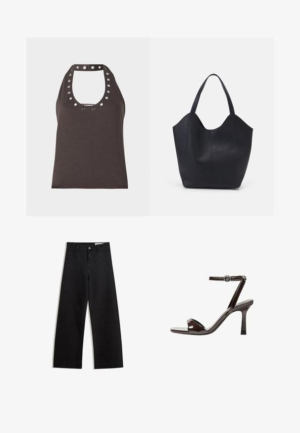 Top senza maniche marrone scuro con scollatura a girocollo, caratterizzato da accenti in grommet argentati attorno al colletto e una silhouette aderente.; Pantaloni in denim neri a gamba larga con vita alta, dotati di tasche anteriori e posteriori, cuciture a punto, e chiusura con bottone. Texture liscia.; Sandalini con tacco alto in pelle verniciata marrone, con cinturino alla caviglia, punta aperta e un design elegante e minimalista. Presentano un tacco quadrato.; Borsa tote nera realizzata in pelle liscia, con una parte superiore curva e aperta, dotata di due manici per spalla e un design minimalista.