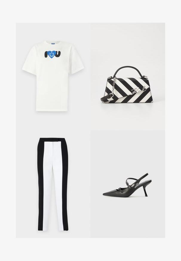 Bílý bavlněný tričko s krátkými rukávy, na kterém je modré srdce a stylizovaný grafický nápis "I ♥ U" v černé barvě. Volný střih, kulatý výstřih.; Černé a bílé zúžené kalhoty v slim fit střihu s kontrastními panely. Materiál má hladkou texturu; pas je plochý a upnutý.; Černé kožené lodičky na boku s špičatou špičkou, štíhlým podpatkem a dekorativní přezkou na nártu. Hladká textura a elegantní design.; Černo-bílá pruhovaná kabelka se strukturovaným tvarem, vybavená horní rukojetí, odnímatelným řetízkem a kovovým logem.