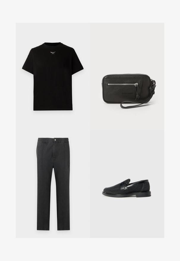 Black cotton T-shirt with short sleeves, crew neckline, and a silver logo detail at the chest. Smooth texture and relaxed fit.; Black pants with an elastic waistband, flat front, two side pockets, and decorative stitching. No visible patterns or hardware details.; Black woven slip-on shoe with a smooth leather accent on the upper, a round toe design, and a low-profile rubber sole.; Black leather clutch with textured surface, front zip pocket, and detachable wrist strap. Features a logo patch on the front. Rectangular shape.