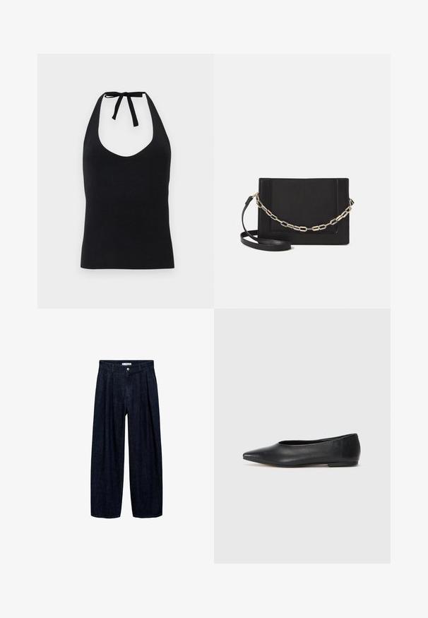 Svart halterneck-topp i slät tyg, med djup V-ringning och knytning i nacken, med en figursydd silhuett.; Mörk denim vida byxor med veck vid midjan, med en framknapp och bältesögglor. Slät textur och helängdsdesign.; Svart läderballetflat, spetsig tå, minimalistisk design, slät textur, låg klack, ingen synlig hårdvara eller utsmyckningar.; Svart läder crossbody-väska med en slät yta, rektangulär form och metallickedjedetalj på framsidan. Justerbar rem ingår.