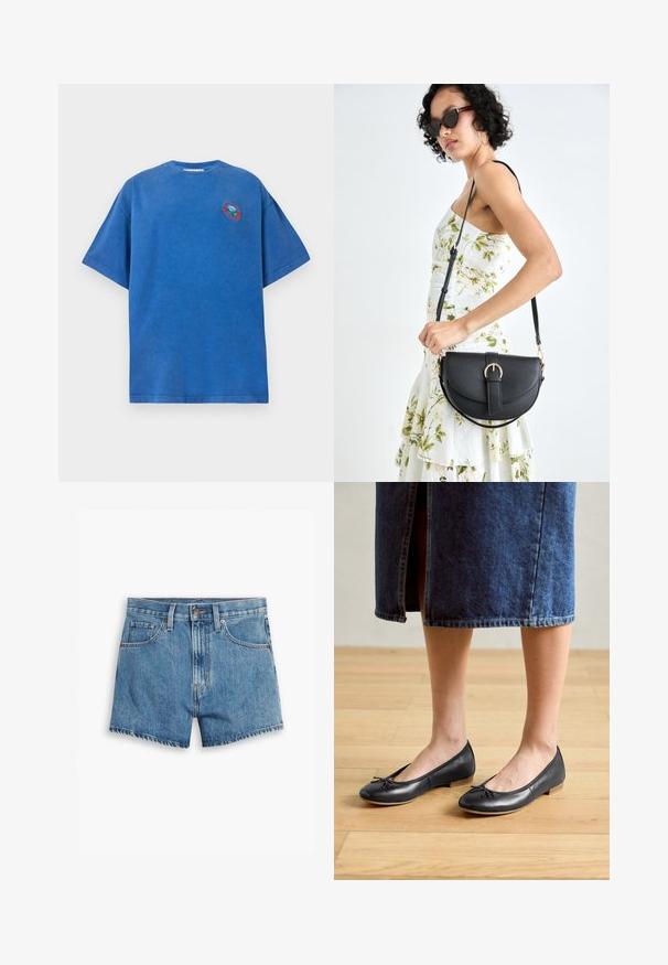 Sinine puuvillane T-särk, millel on lõdva istuvuse, lühikesed varrukad, ümmargune kaelus ja rinnal värvilise kujundusega ümmargune logopatch.; Heledad teksapüksid helesinisena, millel on viis taskut, tõmblukk ja nööpkinnitus. Varrukad on lõdvenenud ja servad on kulunud.; Mustvalged mustad nahast balleti kingad, millel on ümar varvas, väike paelte detail ja madal puidust kork, kantud teksaseelikuga.; Mustmust mustraha kõverate joontega, eemaldatava rihmaga ja kuldsete detailidega. Kotil on klapp, millel on pandladetail.