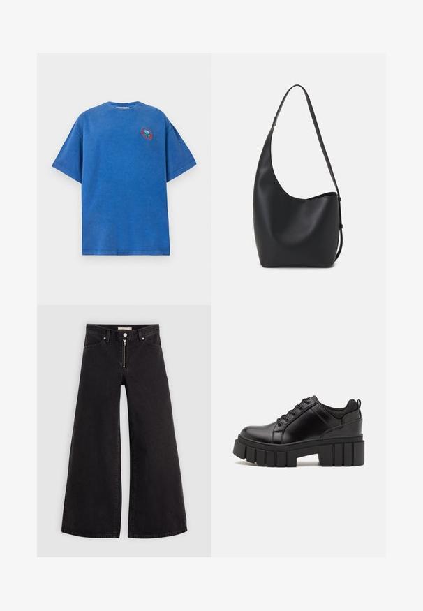 Sinine puuvillane T-särk, millel on lõdva istuvuse, lühikesed varrukad, ümmargune kaelus ja rinnal värvilise kujundusega ümmargune logopatch.; Laiad teksad mustast denimist, millel on lukuga eesmine osa, viie taskuga disain ja peened õmblusdetailid. Sile tekstuur ja juhuslik stiil.; Must musta platvormsussid paksu plokkninal, ümmarguse varbaga ja traditsioonilise nööridega kinnitamisega. Sussid on sileda tekstuuriga ja minimaalsete detailidega.; Mustast nahast hobo kott, millel on sile tekstuur, kumer kuju ja üks reguleeritav rihm; peal on lai avaus.