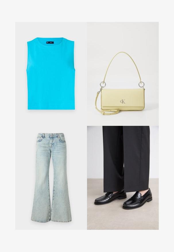 Ermeløs, lys turkis top lavet af blød bomuld. Har en rund halsudskæring og en lige, cropped kant uden synlige lukninger.; Gul langærmet skjorte med knapper, prydet med lodrette striber i lilla. Glat stof med klassisk krave og lige skåret silhuet.; Lyseblå flared jeans lavet af denim, med høj talje, lommer og frynset kant. Stoffet har et slidt look og en subtil struktur.; Sorte læder loafers med en glat finish, syet detaljering omkring tæerne og en lav gummisål. Sammen med brede sorte bukser.; Gul lædertaske med en glat tekstur, der har sølvhardware, en justerbar rem og et logo-accent på forsiden.