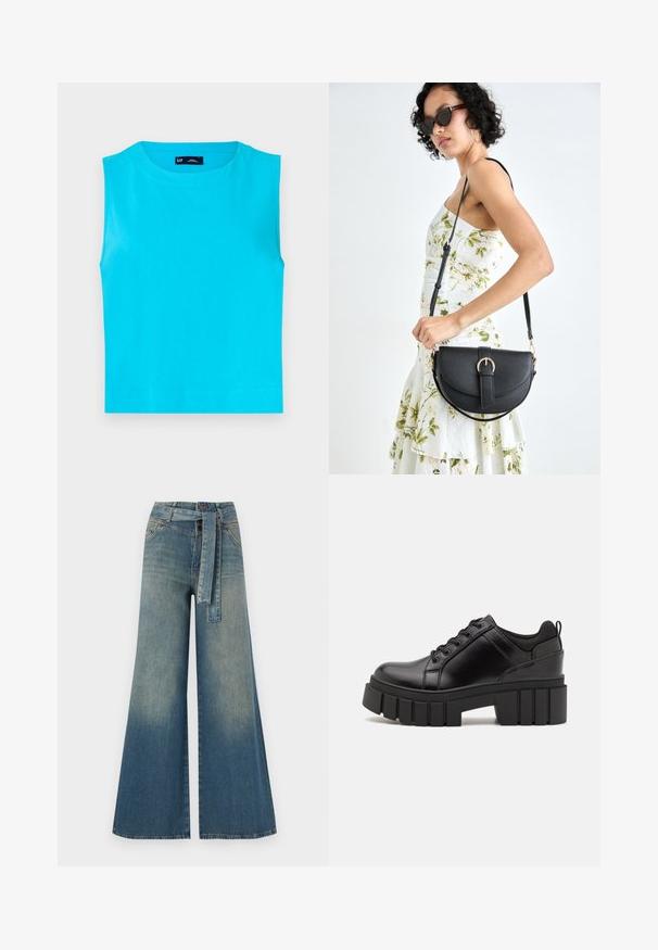 Ärmelloses, leuchtend Türkis Oberteil aus weicher Baumwolle. Verfügt über einen runden Ausschnitt und einen geraden, verkürzten Saum ohne sichtbare Verschlüsse.; Weit geschnittene Denim-Hosen mit einem Farbverlauf von hellblau zu dunkelblau, hoher Taille, Gürtelschlaufen und einem passenden Stoffgürtel. Strukturierte Denim-Oberfläche.; Schwarze Lederplateauschuhe mit klobigem Blockabsatz, runder Zehenpartie und traditionellem Schnürdesign. Verfügt über eine glatte Textur und minimale Details.; Schwarze Lederhandtasche mit geschwungener Form, abnehmbarem Tragegurt und goldenen Beschlägen. Die Tasche verfügt über einen Deckel mit einer Schnallen-Details.