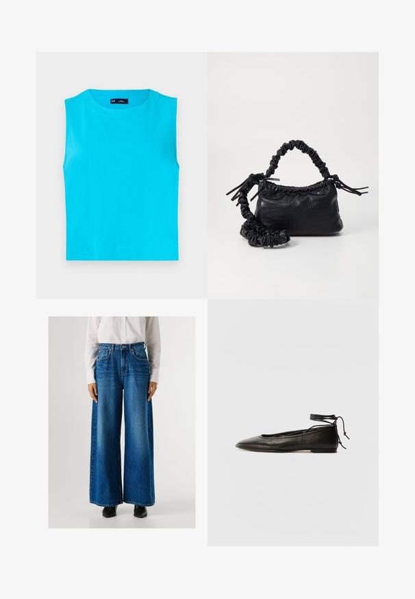 Bezrukávový, jasne tyrkysový top vyrobený z mäkkého bavlneného materiálu. Má okrúhly výstrih a rovný, skrátený lem bez viditeľných zapínaní.; Modré nohavice s širokými nohavicami a vysokým pásom, vyrobené z denimu, s prednými vreckami a zapínaním na gombík. Hladká textura s klasickým praním.; Čierne kožené baletky s špicatou špičkou, viazaním okolo členka a plochou podrážkou, s hladkou textúrou a minimalistickým dizajnom.; Čierna umelá kožená kabelka s kroko vzorom, sťahovaným vrchom a zhnutým popruhom. Vyzerá mäkko a kompaktné v dizajne.