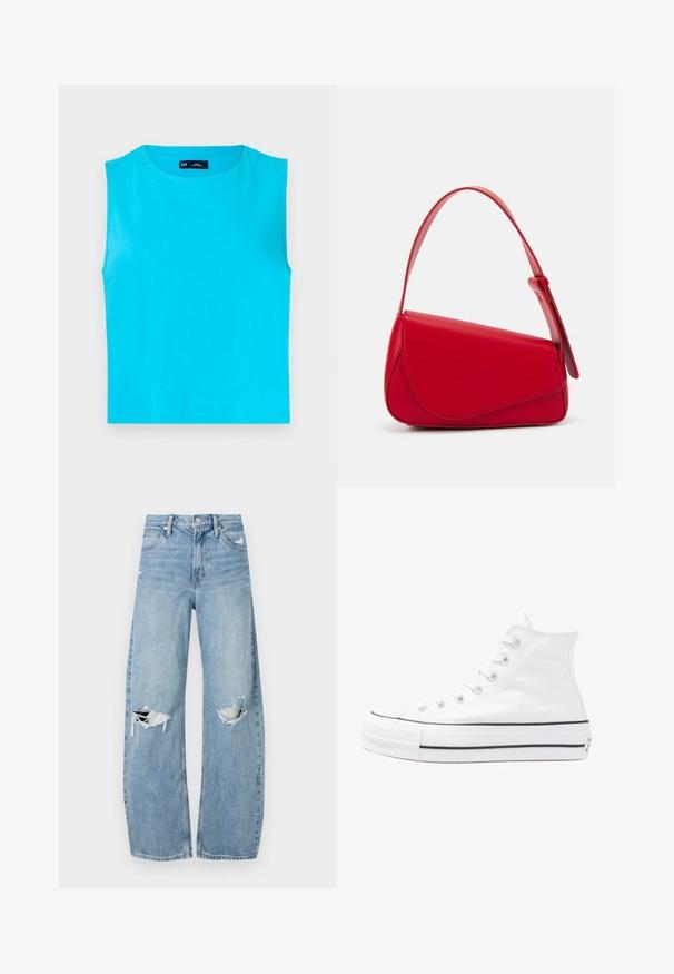 Sleeveless, bright turquoise top made of soft cotton. Features a round neckline and a straight, cropped hem with no visible fastenings.; Light blue, high-waisted jeans made of denim. Feature wide legs, two torn knee areas, and classic five-pocket styling.; White high-top canvas sneaker with black rubber sole, front rubber toe cap, and six eyelets for laces, featuring a clean, minimalist design.; Red leather handbag with an angular, geometric design. Features a single adjustable strap and a flap closure with stitched detailing.