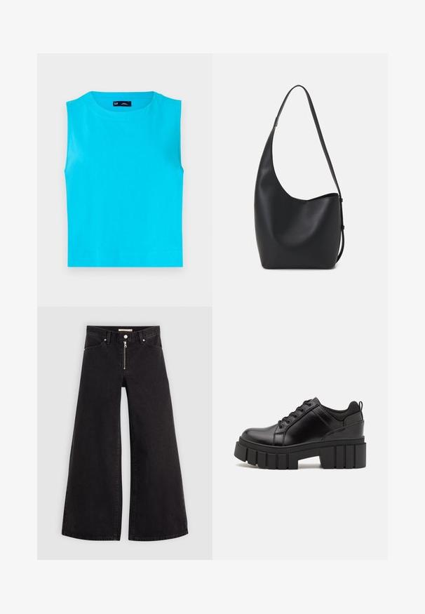 Ujjatlan, élénk türkiz színű, puha pamut felső. Kerek nyakkivágása és egyenes, rövidített szegélye van, látható záródások nélkül.; Fekete denim széles szárú farmer, cipzáros elejével, öt zsebes kialakítással és diszkrét varrással. Sima textúra és laza stílus.; Fekete bőr platform cipők vaskos blokk sarkakkal, kerek orral és hagyományos fűzős kialakítással. Simára csiszolt felület és minimális részletezés jellemzi.; Fekete bőr hobo táska sima textúrával, ívelt formával és egyetlen állítható pánttal; széles nyílás található a tetején.